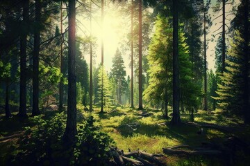 Beautiful sunlight in the big green forest in the evening. generative ai