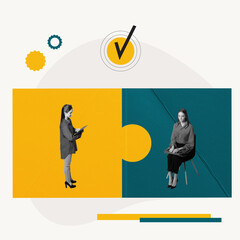 Contemporary art collage. Conceptual design. Office manager hiring new employee, asking professional questions. Accepted trainee, worker. Concept of business, career development, employment