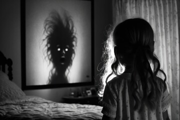 The image of a nightmare in reality, an evil spirit in a bedroom, black and white style, AI generated