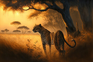 cheetah in savanna in africa. generative ai - obrazy, fototapety, plakaty