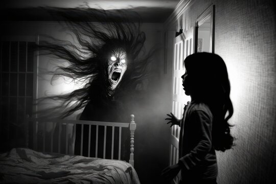 The image of a nightmare in reality, an evil spirit in a bedroom, black and white style, AI generated