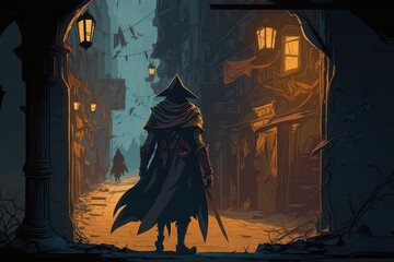 thief on criminal quarter of thieves and murderers in a medieval fantasy city, ai generated - obrazy, fototapety, plakaty