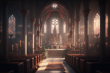 christian church interior with altar and light entering on windows. generative ai - obrazy, fototapety, plakaty