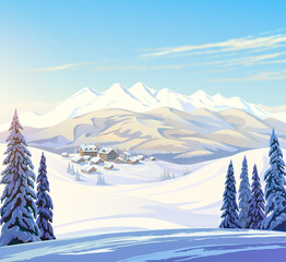 Winter mountain landscape with fir-trees in the foreground with houses - hotel of the ski resort. Raster illustration.