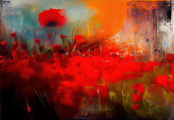 abstract modern textured painting, thick brushstrokes, layers of color and texture, coquelicot color, AI generated