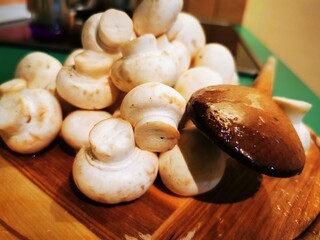 Raw mushrooms. champignons on wooden board ready for cooking
