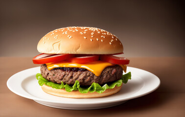 Fresh tasty Burger on a plate in the restaurant. Photo of American Food close up with copy space. Generative AI.
