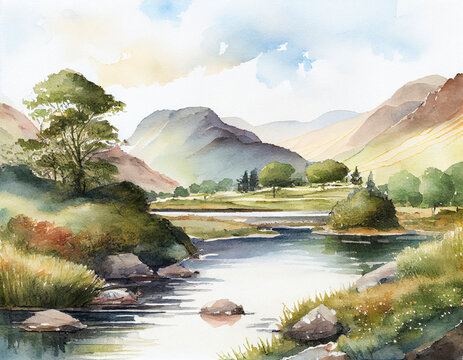 A digital watercolour painting of a mountain scene in the Lake District, England