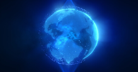 Abstract blue planet earth spinning with futuristic high-tech particles bright glowing magical energy, abstract background