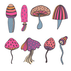 Summer Mushrooms vector illustration set isolated on white. Bohemian hippie flower power vibes whimsy floral fly agaric fungus print collection. Vintage nostalgia collection. Vector illustration.