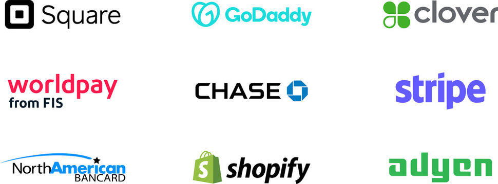 Set of logos on transparent background: Stripe, Shopify, Clover, Adyen, Square, North American bancard, Worldpay, Chase, Go Daddy. PNG image