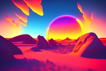 Fototapeta na wymiar Abstract futuristic fantasy desert landscape, fiery circle, neon circle. Gloomy clouds, clouds, light circle. Sci-fi landscape of an alien planet. Unreal world. 3D illustration - generative ai