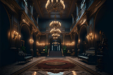 Obraz premium Luxury dark and classic hotel lobby with furniture, Generative AI