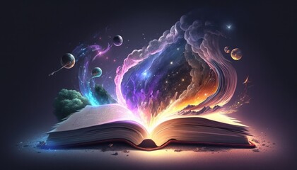 Open book with galaxy milky way stars other dimension cloud space Made with Generative AI - obrazy, fototapety, plakaty