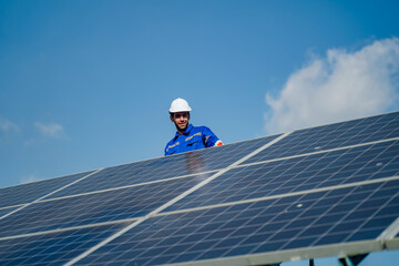 Technology solar cell, Engineer service check installation solar cell on the roof of factory. technician checks the maintenance of the solar panels