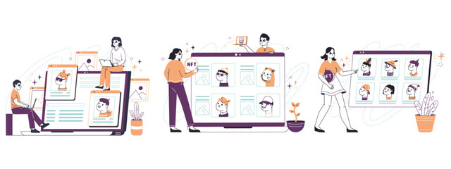 Non fungible tokens. Digital crypto art, cryptocurrency token, people selling and buying NFT crypto arts. Flat vector illustration on white background