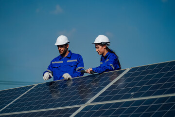 Technology solar cell, Engineer service check installation solar cell on the roof of factory. technician checks the maintenance of the solar panels