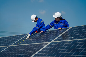 Technology solar cell, Engineer service check installation solar cell on the roof of factory. technician checks the maintenance of the solar panels