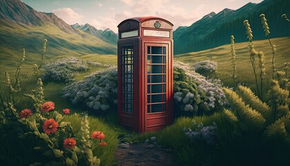 Fantasy phonebooth retro in the green hills Made with Generative AI
