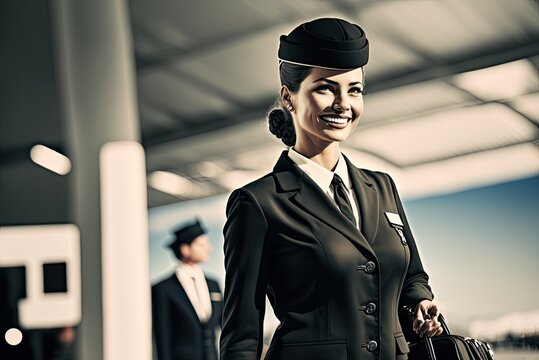 Cinematic close up portrait of an airliner pilot female wearing blue flight uniform and captain's cap on the blurred airport background. Generative AI