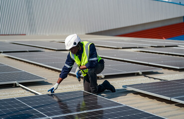 Technology solar cell, Engineer service check installation solar cell on the roof of factory. technician checks the maintenance of the solar panels