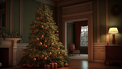 Fototapeta na wymiar Interior background, Christmas tree, Generative ai