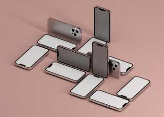 Multiple current model unbranded iPhones on terracotta floor. Template mockup with blank screens. Copy space surrounding 3D models.