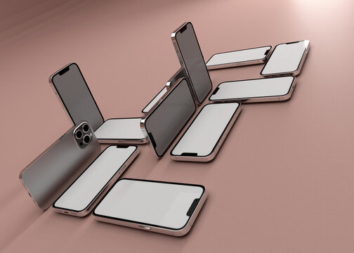 Multiple current model unbranded iPhones on terracotta floor. Template mockup with blank screens. Copy space surrounding 3D models.