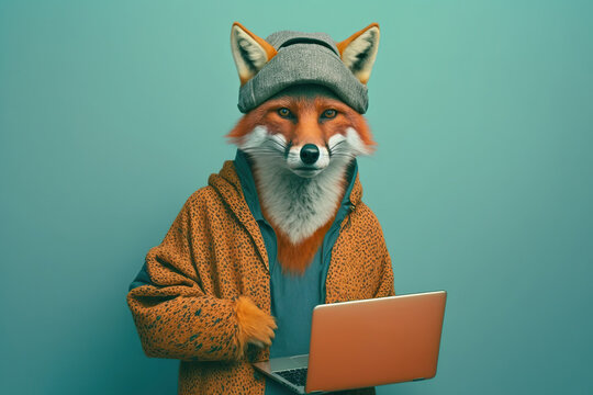 Studio photo portrait of a happy fox in hipster clothes working on laptop, concept of Smiling and Hipster, created with Generative AI technology