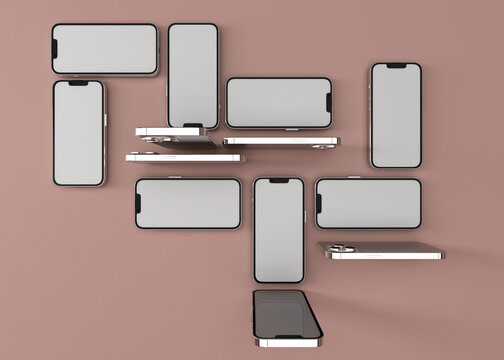 Multiple current model unbranded iPhones on terracotta floor. Template mockup with blank screens. Copy space surrounding 3D models.