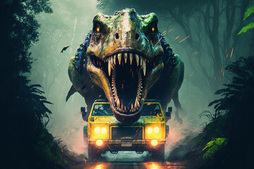 Dinosaur T Rex chases a Jeep car down a road Generative AI
