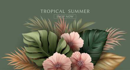 Summer Tropical Palm Leaves. Design of Summer Flyer, Website, Banner, Landing Page. Palm, Monster, Banana Leaf. Vector Illustration