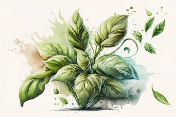 Basil leaf in watercolor painting with clean background graphic design banner
