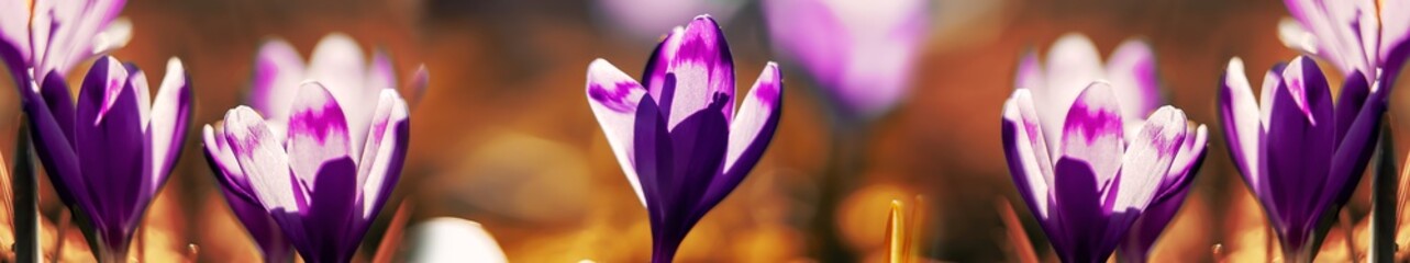 Spring background with purple Crocus iridaceae blooming in early spring. Crocus iridaceae , macro, background