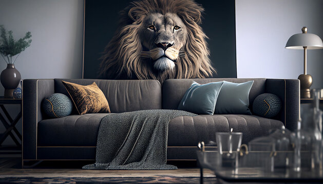 Sofa mit Löwenportrait im Hintergrund, Generative AI