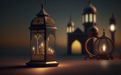 Ramadan kareem with lantern and mosque behind blurred background, Generative AI