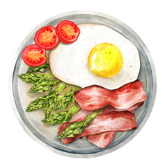 Breakfast with asparagus, egg and bacon. Watercolor illustration