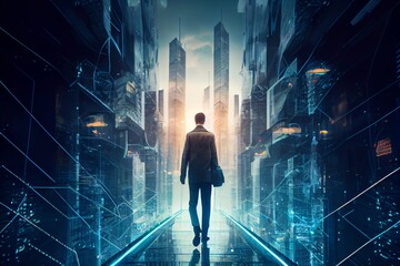 Fototapeta na wymiar Businessman walking on virtual reality platform to futuristic smart city of opportunity with internet cyber network connection on high building. Sublime image. Generative AI
