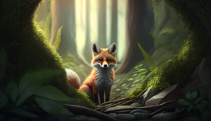 An cute little fox in forest alone Ai generative image