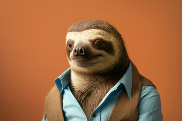 Studio photo portrait of a sloth in business clothes, concept of Humor and Professionalism, created with Generative AI technology
