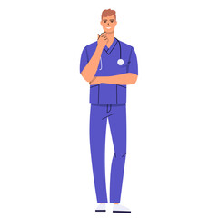 Male nurse standing and thinking. A doctor with a stethoscope and wearing scrubs. A medical worker dreams, makes plans, makes decisions. The character is isolated on a white background. Flat vector.