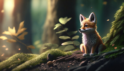 An cute little fox in forest alone Ai generative image