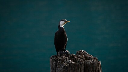 Black and white australian pied shag cormorant bird standing on wooden tree stump at Bobs Cove Lake...