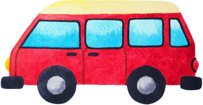 red vintage retro classic van old style bus vehicle transport auto car travel trip automobile transportation art design illustration watercolor painting color hand drawing white isolated background