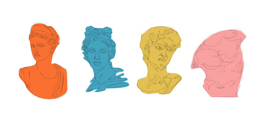 Ancient greek sculptures. Greece mythology statues hand drawn one continuous line, david goddess head torso. Vector art