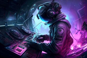 Cyberpunk Astronaut DJing in a Spaceship Alien. Generative AI
