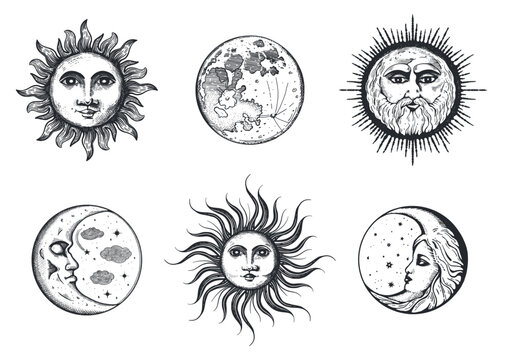 Set of moon and sun vector illustration. 