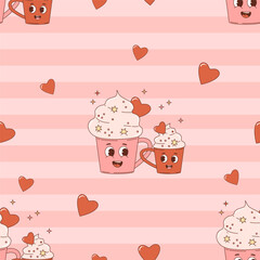 Retro seamless pattern. Happy cartoon characters dessert cups mom and baby on pink background with hearts. Vector Illustration for wallpaper, design, textile, packaging, decor.