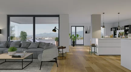 Foto op Plexiglas Modern luxury Penthouse apartment in downtown with mountain view outside © Christian Hillebrand