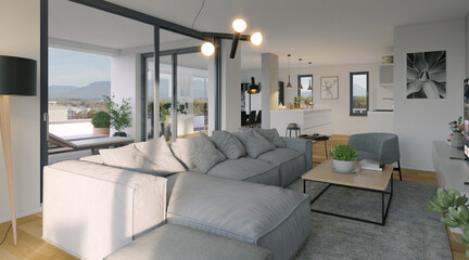 Modern luxury Penthouse apartment in downtown with mountain view outside